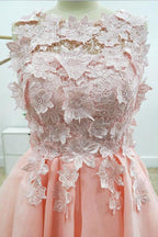 Vestidos de fiesta rosas con escote barco, corte en A y apliques de encaje PD429