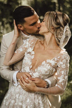 Vestidos de novia corte A, manga larga, encaje, escote en V, WD584