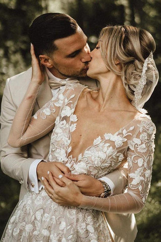 Vestidos de novia corte A, manga larga, encaje, escote en V, WD584