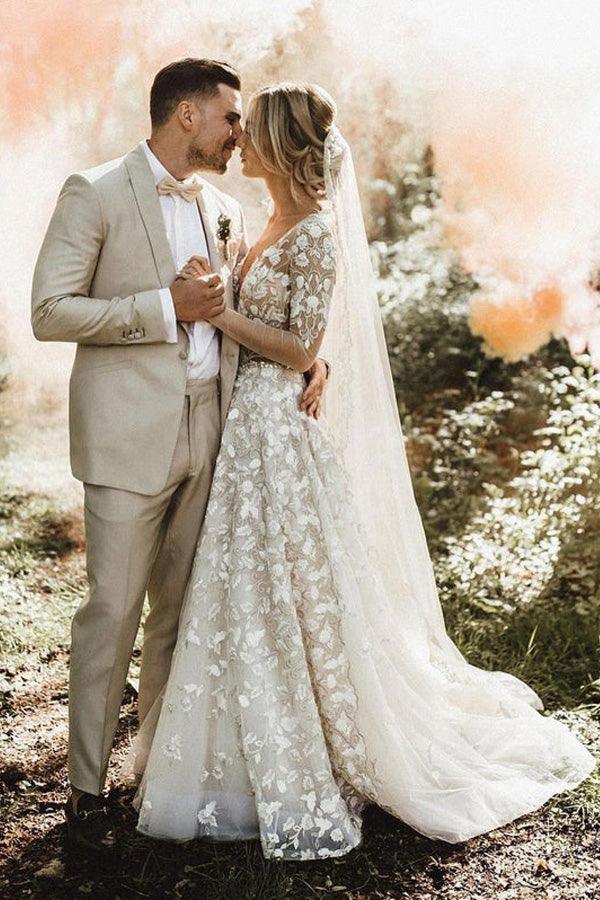 Vestidos de novia corte A, manga larga, encaje, escote en V, WD584