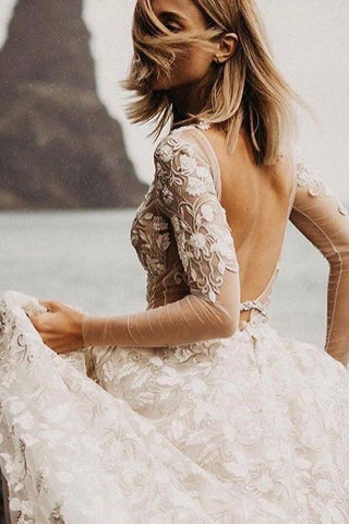 Vestidos de novia corte A, manga larga, encaje, escote en V, WD584