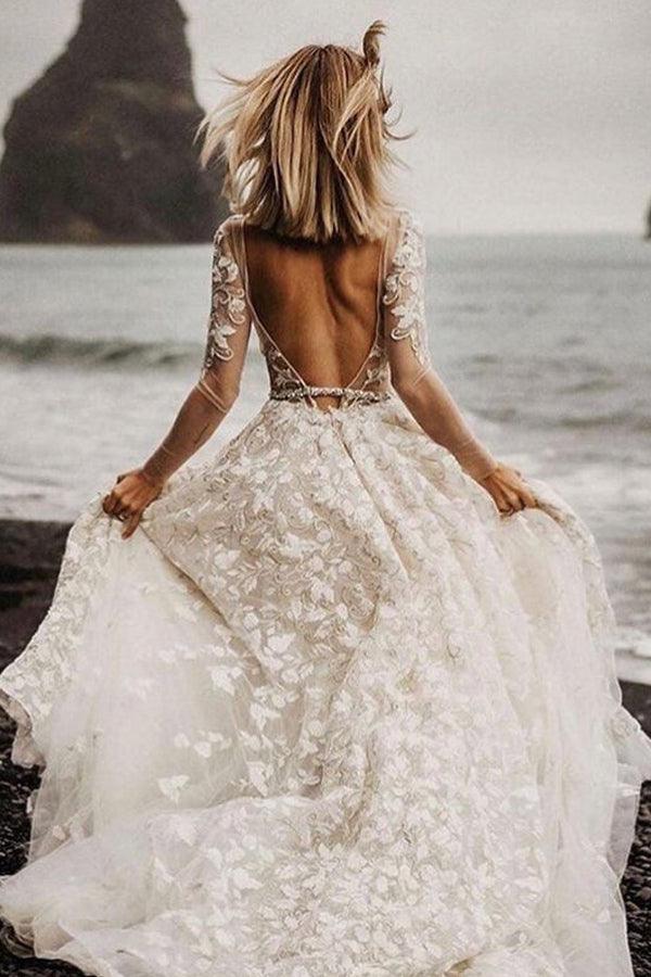 Vestidos de novia corte A, manga larga, encaje, escote en V, WD584