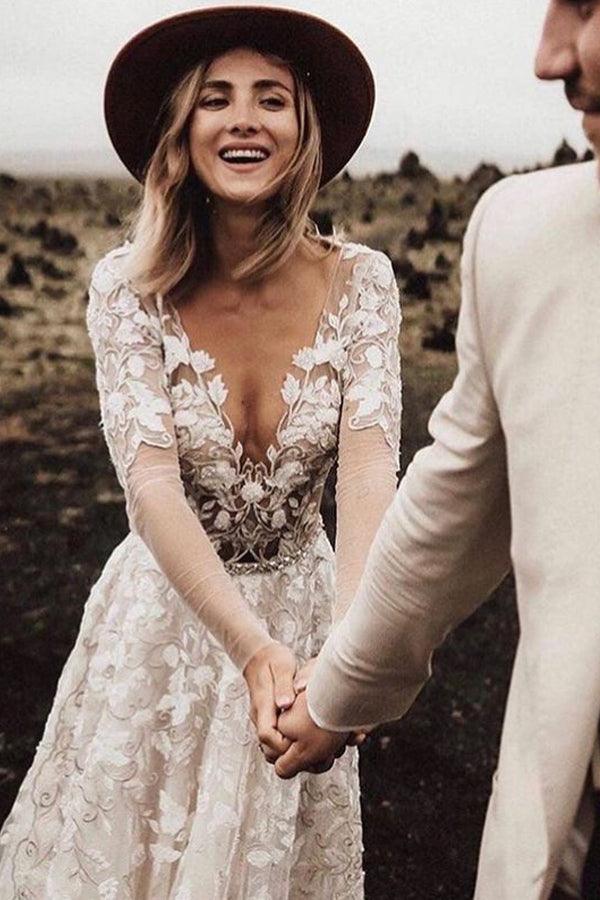 Vestidos de novia corte A, manga larga, encaje, escote en V, WD584