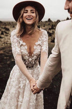 Vestidos de novia corte A, manga larga, encaje, escote en V, WD584