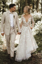 Vestidos de novia corte A, manga larga, encaje, escote en V, WD584