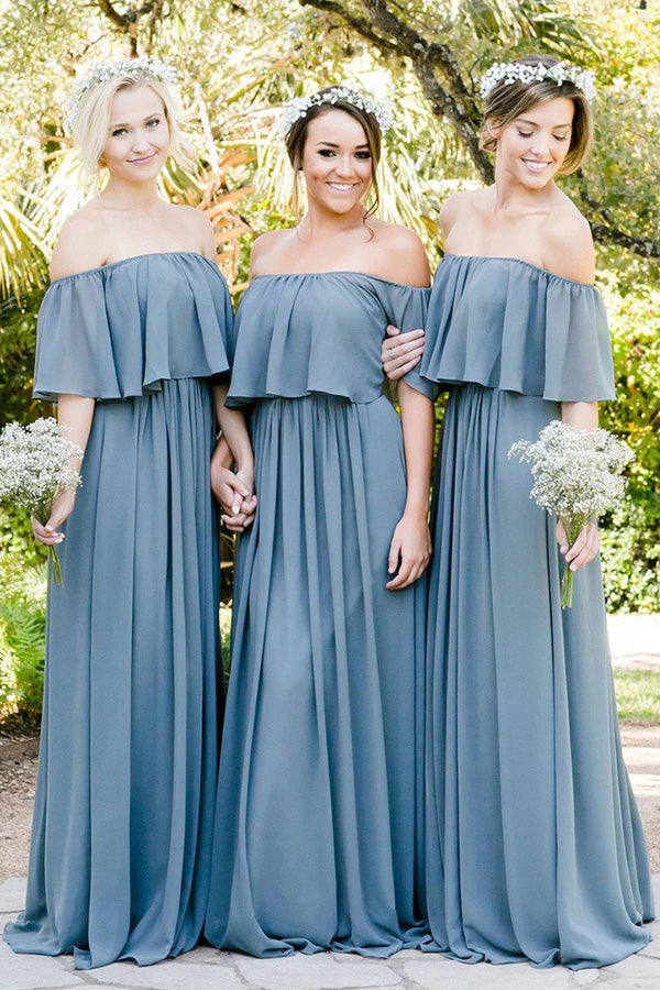 Robe de demoiselle d'honneur grise et bleue plissée à volants et épaules dénudées BD137