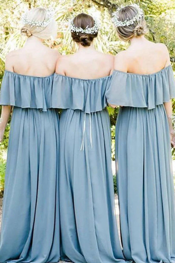 Robe de demoiselle d'honneur grise et bleue plissée à volants et épaules dénudées BD137