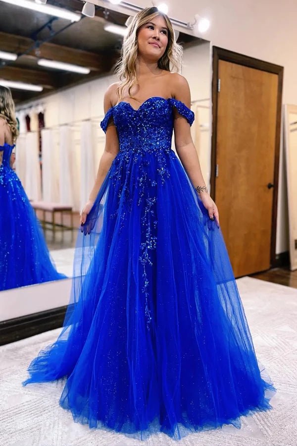 Vestido de fiesta de corte A con hombros descubiertos y apliques