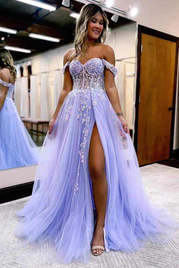 Vestido de fiesta de corte A con hombros descubiertos y apliques