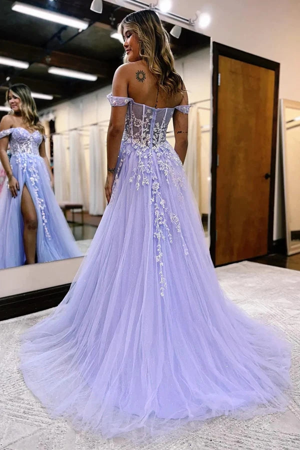 Vestido de fiesta de corte A con hombros descubiertos y apliques