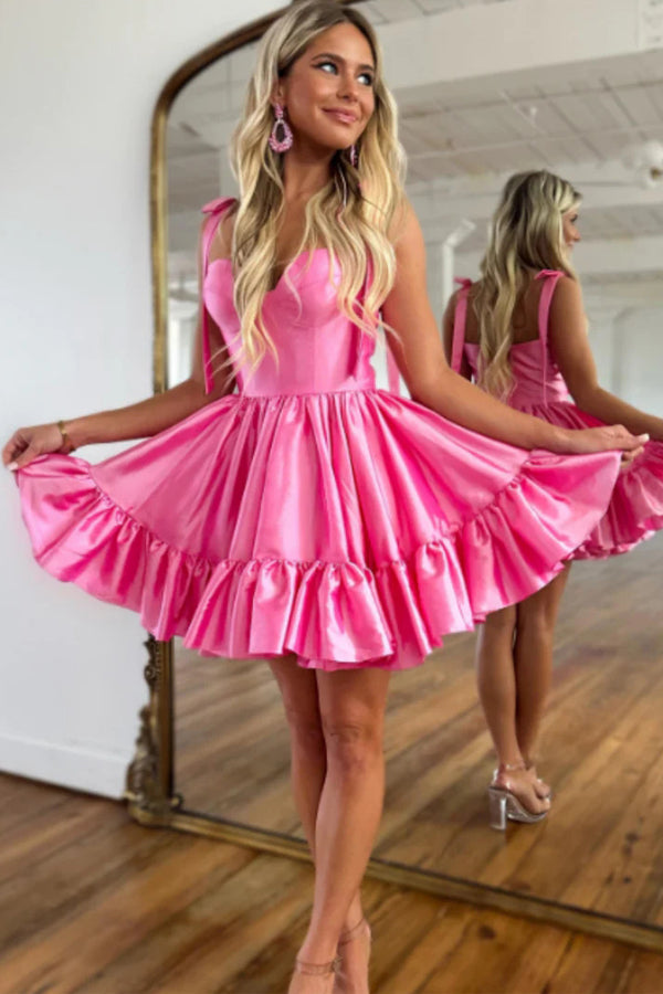 Vestidos de fiesta de bienvenida con escote corazón, corte en A, color rosa con volantes, PD491