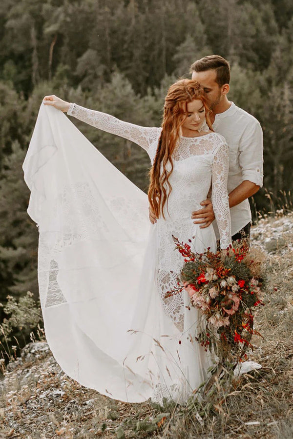 Vestidos de novia de playa corte A, escote redondo, espalda descubierta, mangas largas WD703