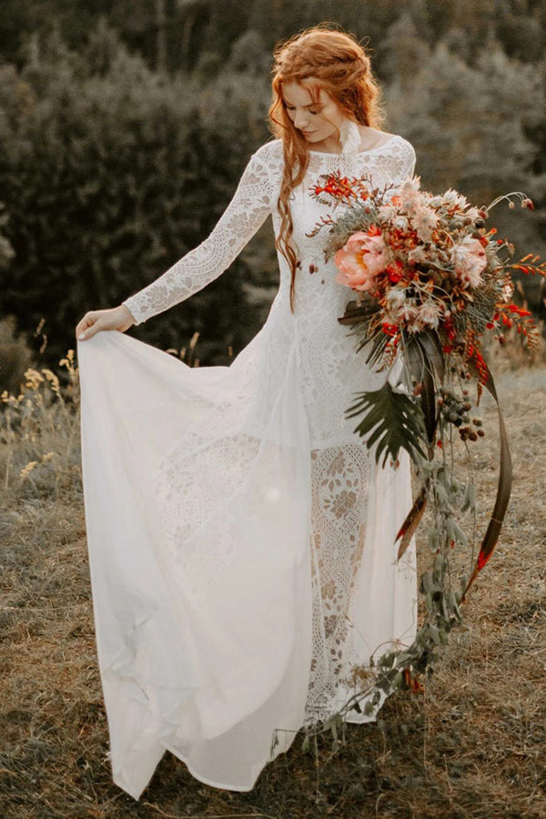 Vestidos de novia de playa corte A, escote redondo, espalda descubierta, mangas largas WD703
