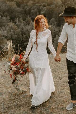 Vestidos de novia de playa corte A, escote redondo, espalda descubierta, mangas largas WD703