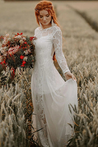 Vestidos de novia de playa corte A, escote redondo, espalda descubierta, mangas largas WD703