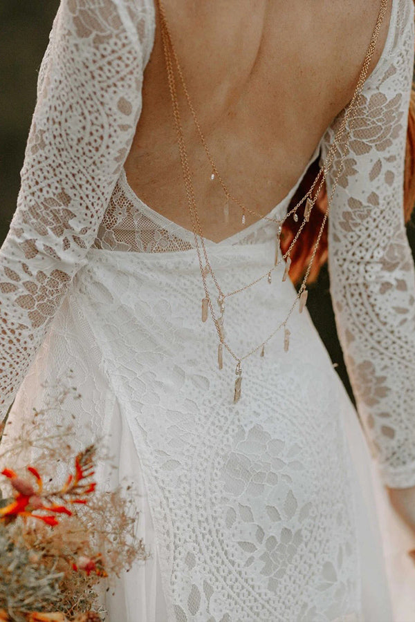 Vestidos de novia de playa corte A, escote redondo, espalda descubierta, mangas largas WD703