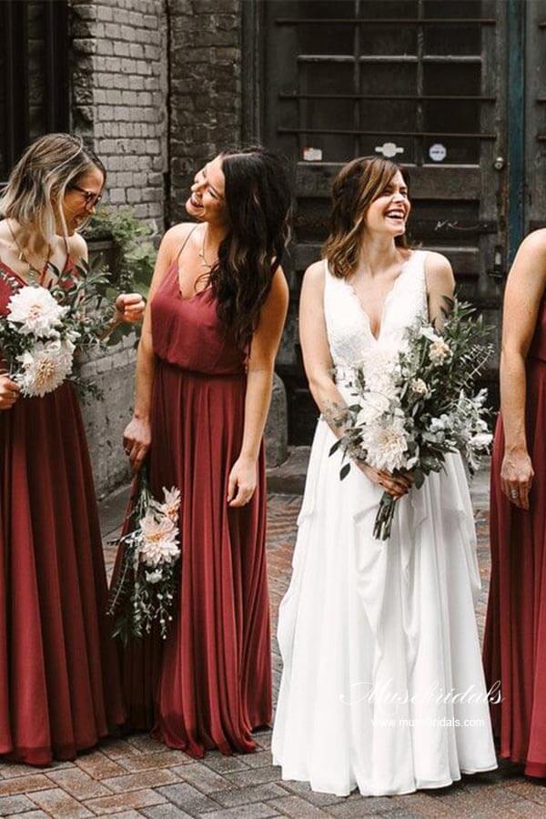 A-line Spaghetti Straps Long Bridesmaid Dresses, Wedding Party Dresses