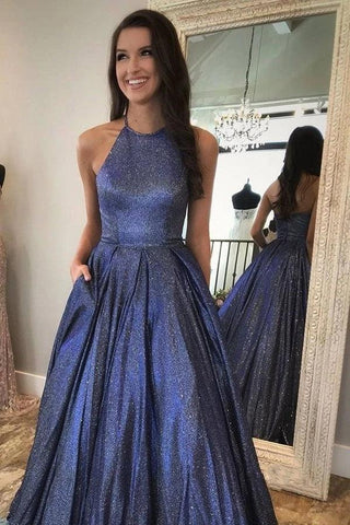 A-line Sparkly Halter Neck Long Prom Dresses Cute Formal Dress