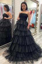 Vestido de graduación de tul multicapa plisado sin tirantes SYP148
