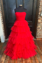 Vestido de graduación de tul multicapa plisado sin tirantes SYP148