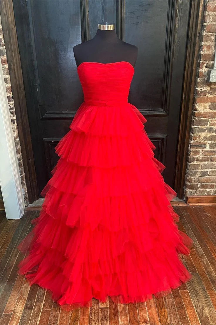 Vestido de graduación de tul multicapa plisado sin tirantes SYP148