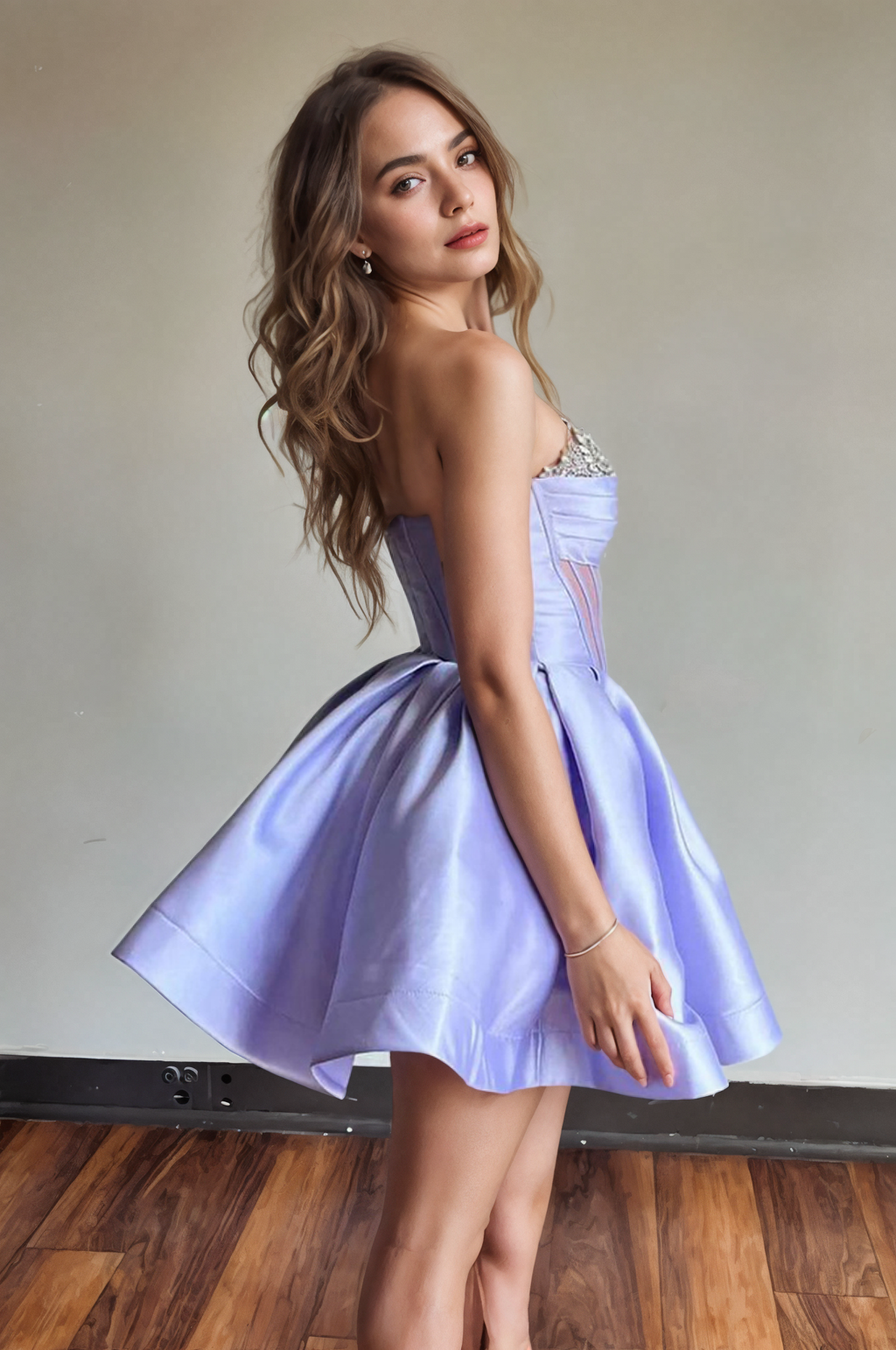 Vestido de fiesta lavanda PD539, corte en A, sin tirantes, con corpiño de corsé transparente