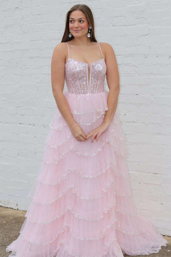 Vestidos de fiesta de encaje rosa con lentejuelas, escote pronunciado y tirantes en línea A
