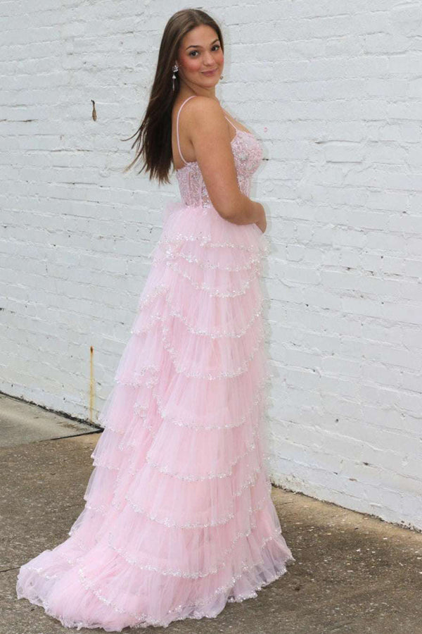 Vestidos de fiesta de encaje rosa con lentejuelas, escote pronunciado y tirantes en línea A