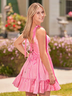 Vestido de fiesta de corte A con escote corazón, volantes y tirantes con lazo SYH104