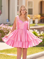 Vestido de fiesta de corte A con escote corazón, volantes y tirantes con lazo SYH104