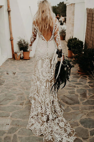 Vestido de novia bohemio de encaje único con mangas largas WD752