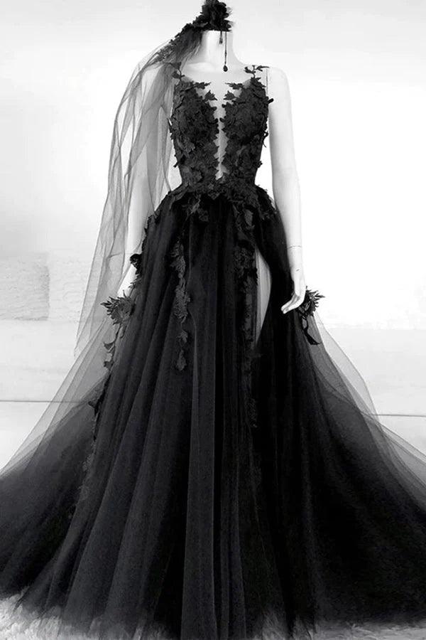 Vestido largo de fiesta negro con escote en V y corte en A, estampado floral.