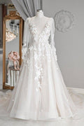 Vestidos de novia de tul color marfil, corte en A, escote en V, mangas largas, WD577