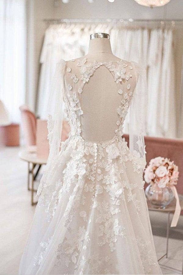 Vestidos de novia de tul color marfil, corte en A, escote en V, mangas largas, WD577