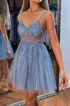 Vestido corto de tul con escote en V y corte en A para fiesta de bienvenida, con lentejuelas y cuentas PD499