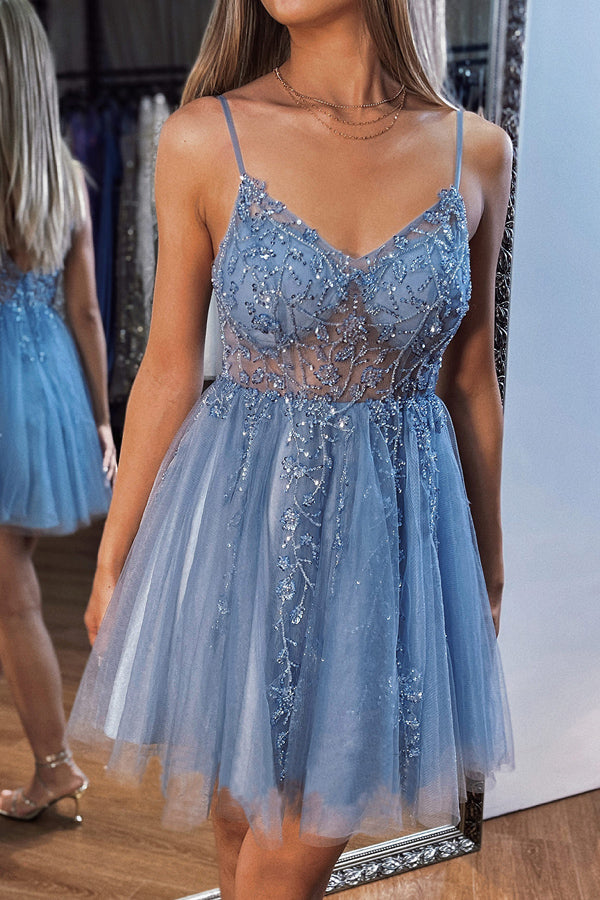 Vestido corto de tul con escote en V y corte en A para fiesta de bienvenida, con lentejuelas y cuentas PD499