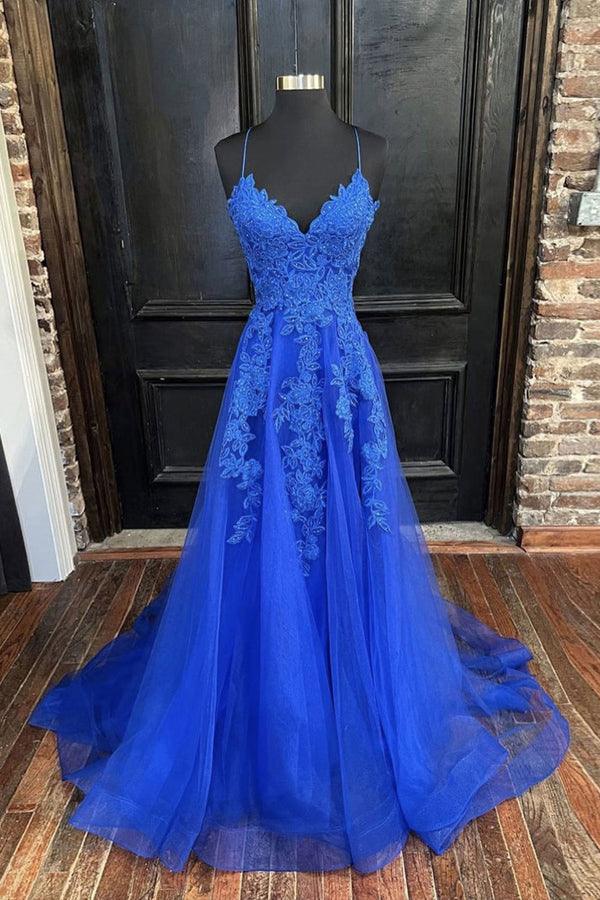 Vestido de fiesta azul real de tul con escote en V, corte en A y apliques, con tirantes y escote en A.