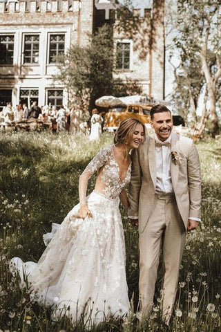 Vestidos de novia corte A, manga larga, encaje, escote en V, WD584