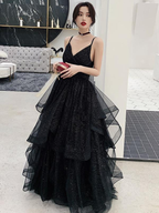 Shiny Black V Neck Prom Dresses, Backless Black V Neck Formal Evening Dress Y1767