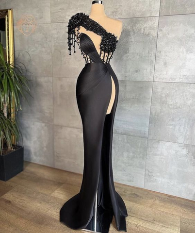 Black Evening Dresses One Shoulder Evening Dresses Black Prom Dresses Y6674