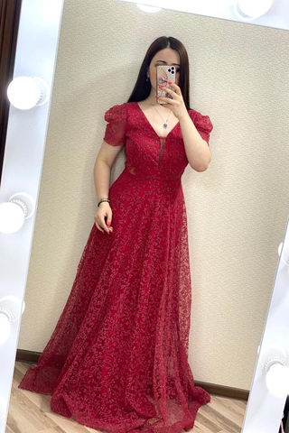 Elegante vestido largo de noche con escote en V y corte en A Y5702