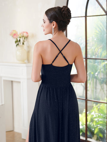 Magnifique robe de demoiselle d'honneur vert foncé sans manches, de coupe trapèze, avec fente sur le devant