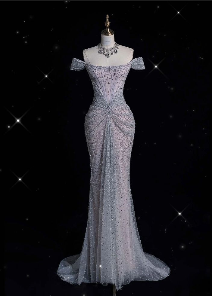 Vestido largo de noche de sirena con hombros descubiertos, tul lila brillante y cuentas, modelo Y8054