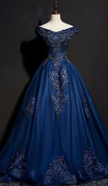 Robe de bal unique en tulle à épaules dénudées et sequins, bleu marine, coupe trapèze, Y8377