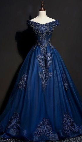 Unique Off The Shoulder Tulle Sequins Appliques Prom Dress Navy Blue A Line Evening Dress Y8377