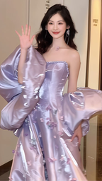 Precioso vestido de fiesta con apliques de satén lila, corte en A, sin tirantes, modelo Y7903