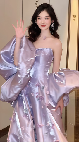 Precioso vestido de fiesta con apliques de satén lila, corte en A, sin tirantes, modelo Y7903