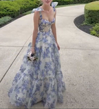 Robe de soirée de bal trapèze en mousseline à motif floral spécial Y6721