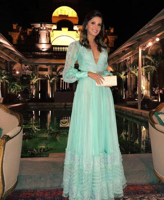 Vestido de noche de corte A, escote en V, manga larga, estilo vestido de noche de moda Y6306