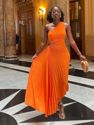 Robe trapèze plissée sans manches à taille roulée, sans manches, à une épaule, sexy, style bal de promo et soirée.